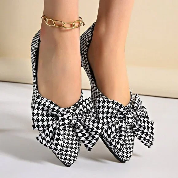 Black And White Casual Women's Loafers with Plaid Bow - Picture 6 of 8